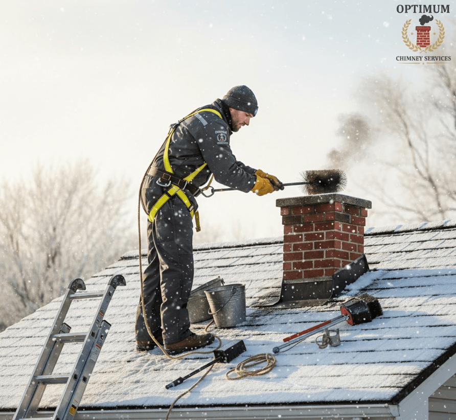 Professional chimney sweep working on roof